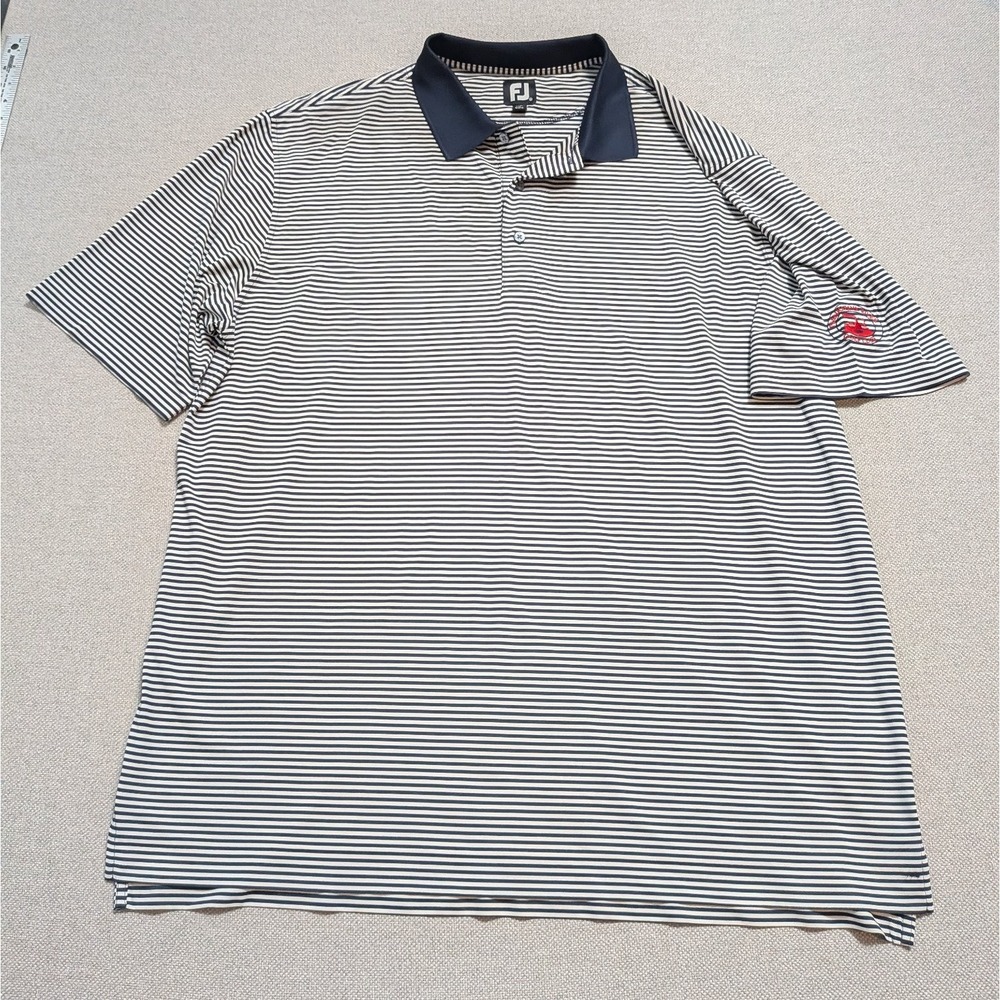 FootJoy Men's XXL Polo Shirt Navy Stripe Plankatank River Golf Club Performance